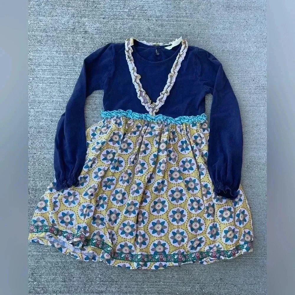 Matilda Jane Ruffle Navy Blue Yellow Floral Long Sleeve Dress Girls Size 10